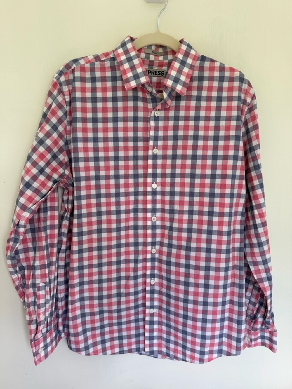Express Men's Fitted Plaid Long Sleeve Button-Up Shirt Red Blue White Size M